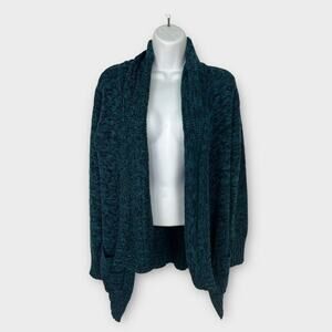 Open Front Chunky Blue Heather Knit Sweater Cardigan Pockets Womens Medium
